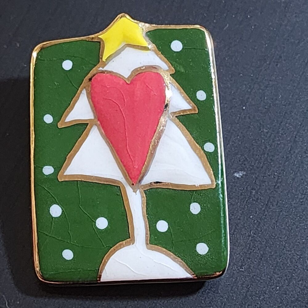 Vintage Enameled Christmas Tree Pin Brooch -Gold Tone Green Red White